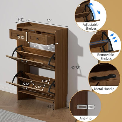 Thacuok Shoe Cabinet with 2 Flip Drawers & 2 Storage Drawers, Rustic Farmhouse - Image 6