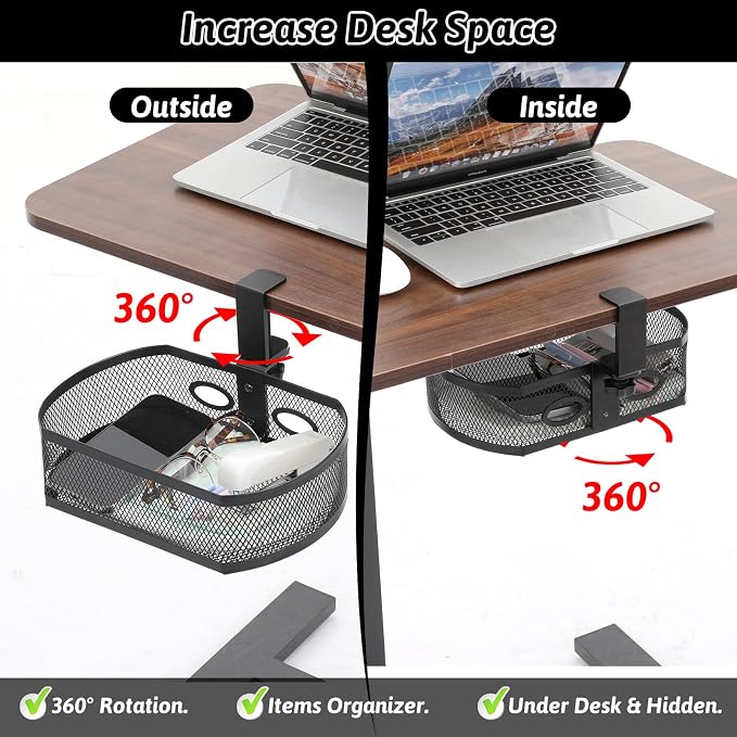 Under Desk Storage Drawer Organizer, Clamp on Under Table Shelf Hanging Desk - Image 4