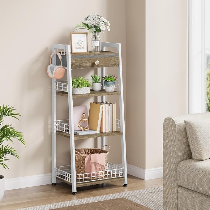 4-Tier Ladder Shelf with Drawer, Bathroom Stand Floor Storage Shelf, - Image 7