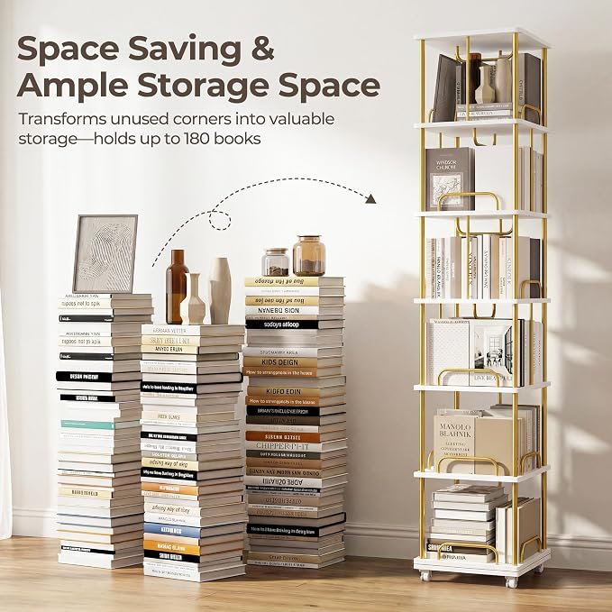 Rotating Bookshelf, 6 Tier Tall Spinning Skinny Book Shelf White | Gold Modern - Image 5