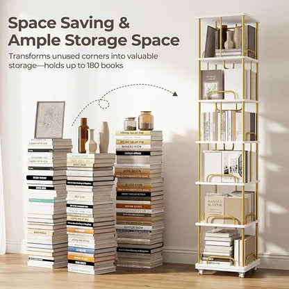 Rotating Bookshelf, 6 Tier Tall Spinning Skinny Book Shelf White | Gold Modern - Image 5