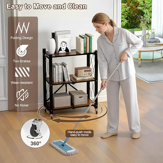 3 Tier Folding Shelf with Wheels, Wood and Metal Bookshelf | No Assembly - Image 6