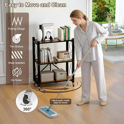 3 Tier Folding Shelf with Wheels, Wood and Metal Bookshelf | No Assembly - Image 6