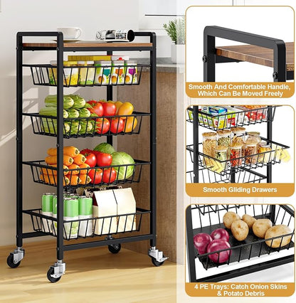 TOOLF 5 Tier Kitchen Storage Cart, Metal Utility Rolling Snack Cart | Wooden - Image 5