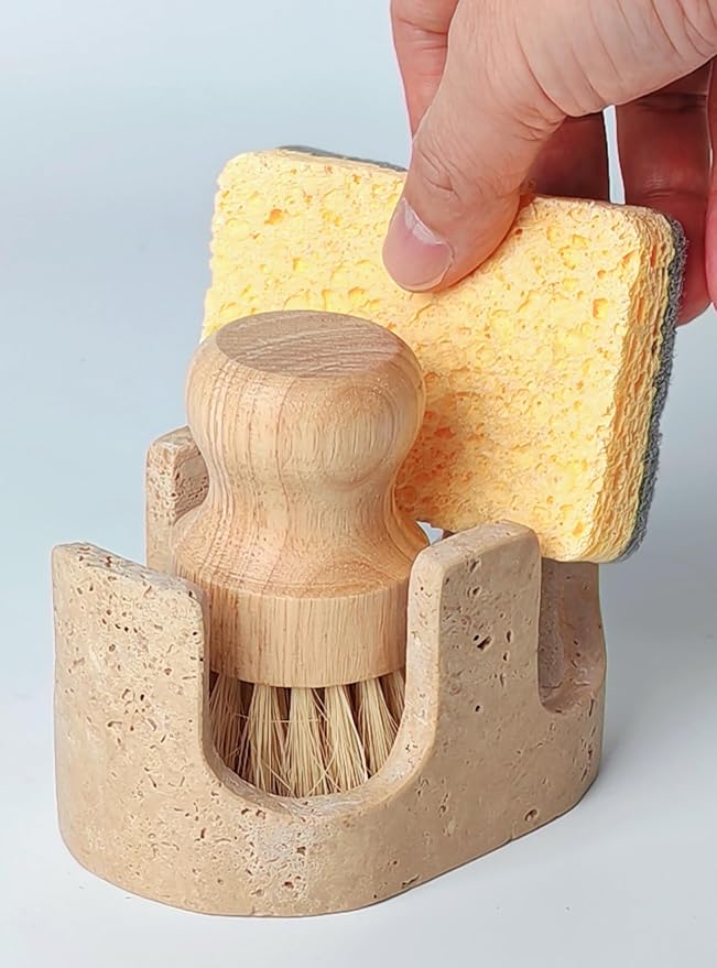 Travertine Sponge Holder, Dual-Slots Natural Stone Sink Organizer by BekPooQ