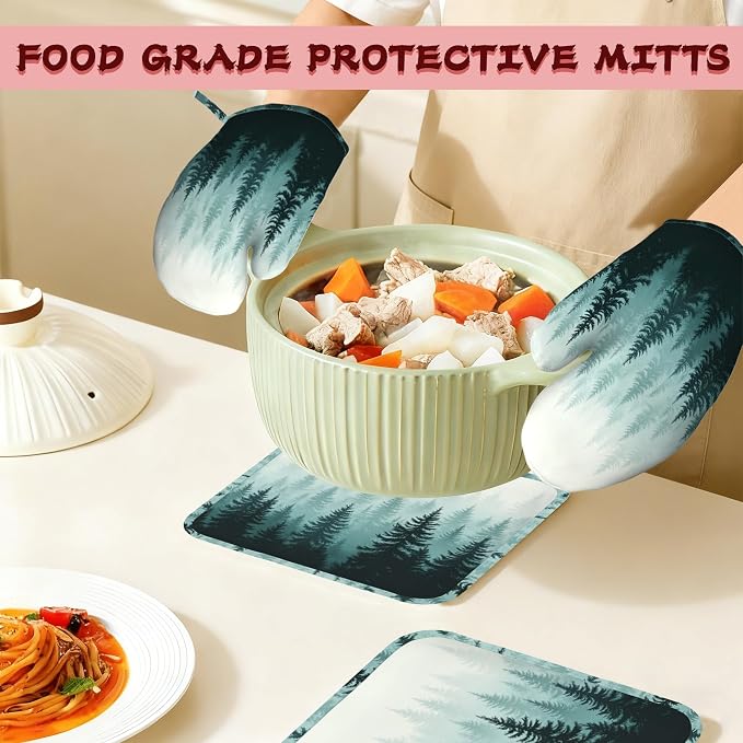 Misty Forest Silicone Oven Mitts and Pot Holders, Heat-Resistant 4 Piece - Image 7