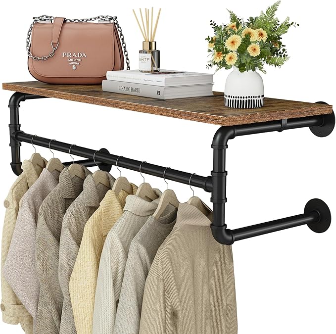 Clothes Rack with Top Shelf, 29.1in Industrial Pipe Wall Mounted Garment Rack by UlSpeed