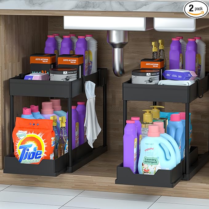 MEAFBIRD 2 Pack Under Sink Organizer, 2 Tier Bathroom Cabinet Organizer by MEAFBIRD