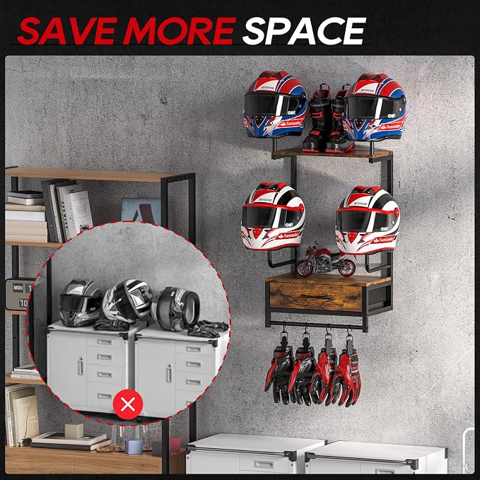 Motorcycle Helmet Holder Wall Mount, Solid Wood and Metal Helmet Rac, - Image 3
