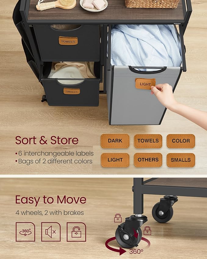 VASAGLE Laundry Hamper with 3 Compartments, 26.4 Gal. Laundry Sorter, Rolling - Image 4