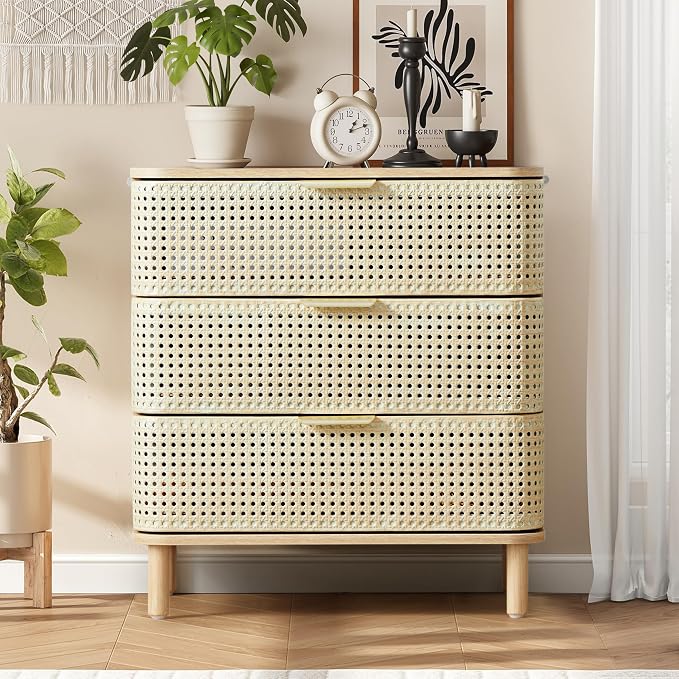 ORRD 3 Drawer Dresser Set of 2, Modern Iron Rattan Cabinet Dresser - Image 6