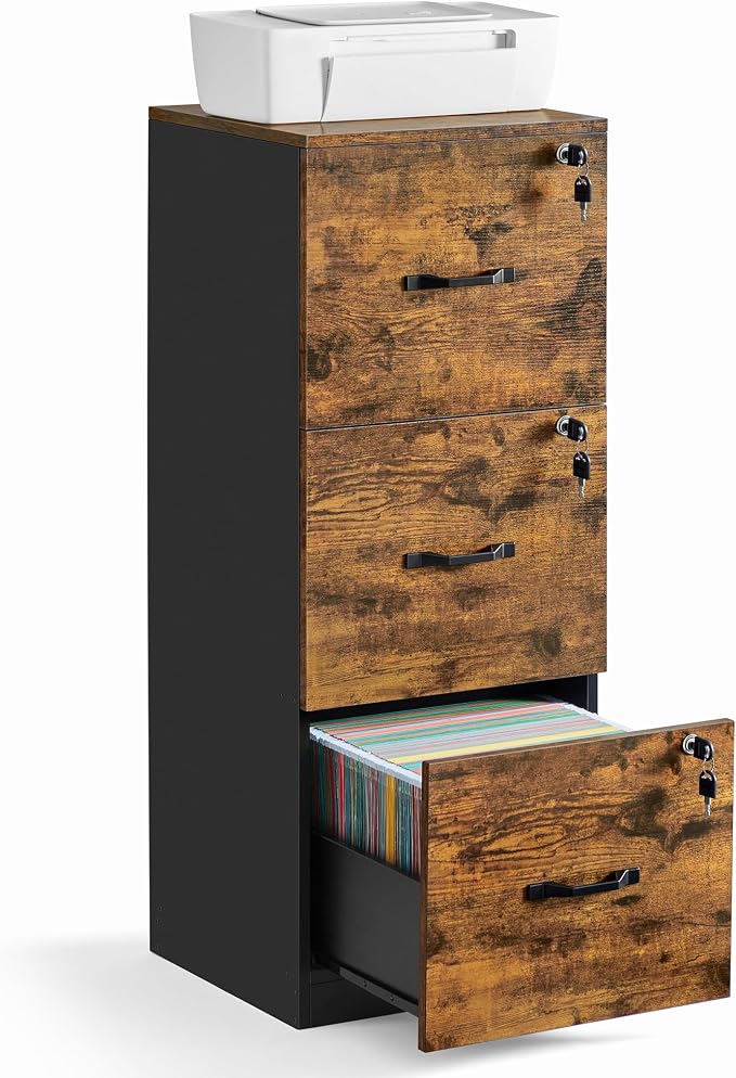 VASAGLE 3-Drawer Vertical File Cabinet, Rustic Brown and Black, by VASAGLEbySONGMICSHOME