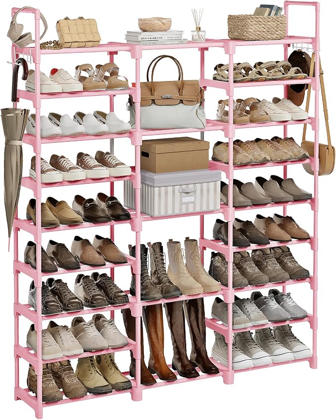 WOWLIVE 9 Tier 3-Column Shoe Rack, 50-55 Pairs Stackable Pink | 50in long by WOWLIVE