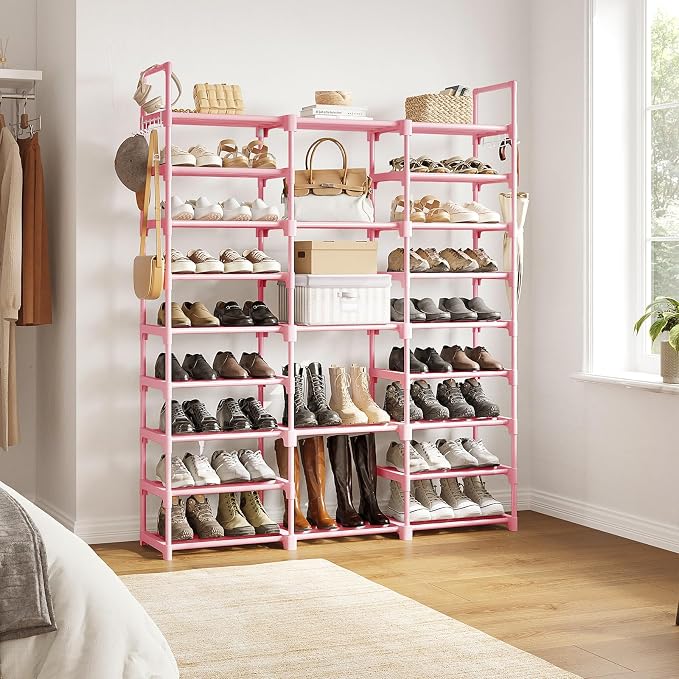 WOWLIVE 9 Tier 3-Column Shoe Rack, 50-55 Pairs Stackable Pink | 50in long - Image 4