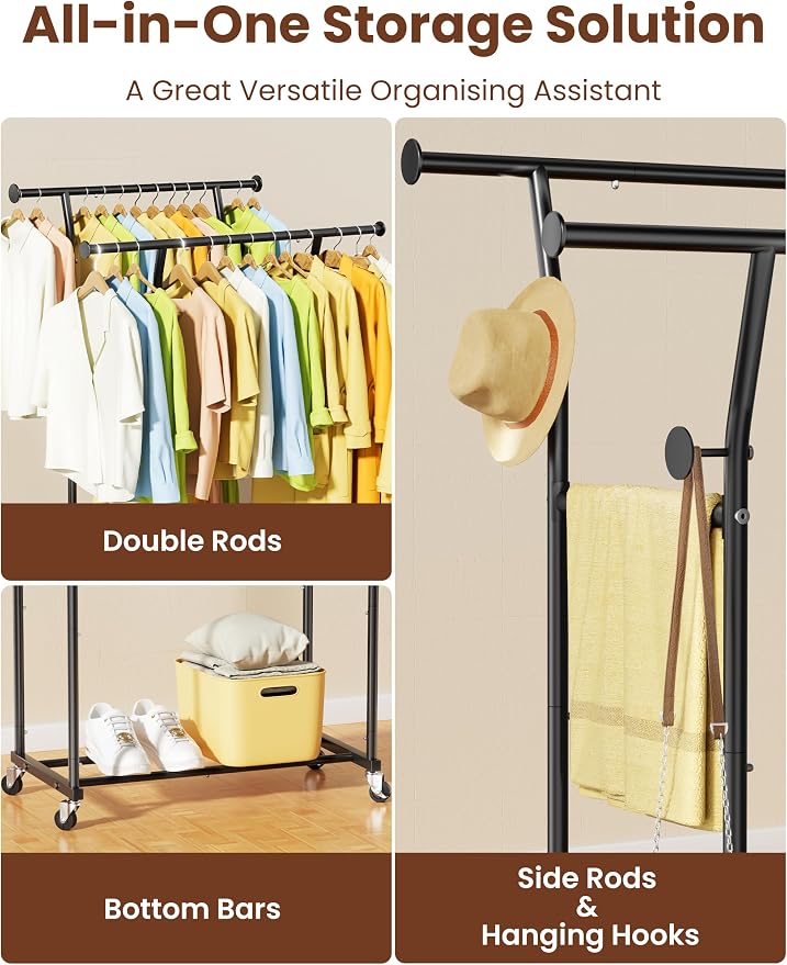 Double Rods Clothes Rack, Rolling Clothing Rack - Image 9
