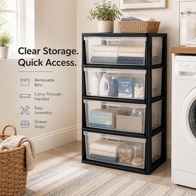 Wide 4 Drawer Plastic Storage Tower Organizer Clear Bins Bedroom | Removable - Image 8