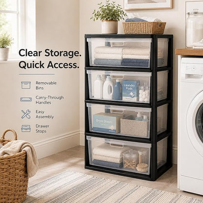 Wide 4 Drawer Plastic Storage Tower Organizer Clear Bins Bedroom | Removable - Image 8