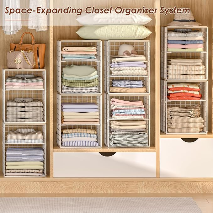 4-Tier Stackable Closet Organizers and Storage, Adjustable Dividers & Wood Top - Image 6