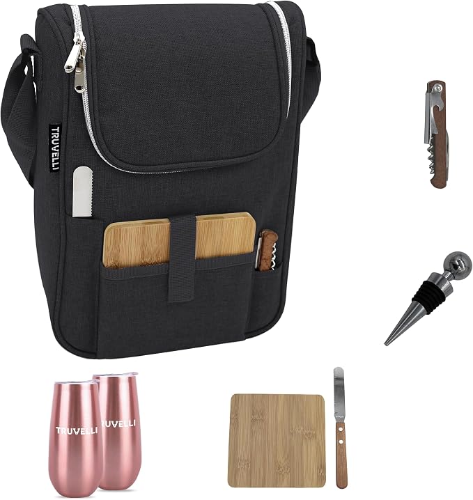 Truvelli Black Insulated Wine Tote Bag: Portable 2 Bottle Cheese Waterproof by Truvelli