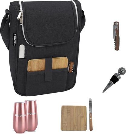 Truvelli Black Insulated Wine Tote Bag: Portable 2 Bottle Cheese Waterproof by Truvelli
