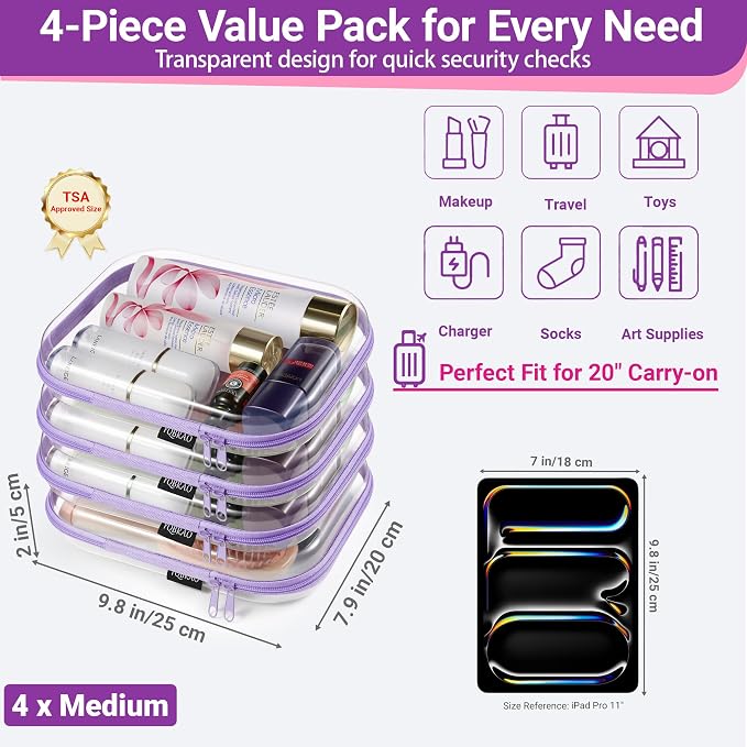 YQBRAO 4-Pack Clear Diaper Bag Organizer Pouches, 1.2mm Ultra-Thick PET Travel - Image 4