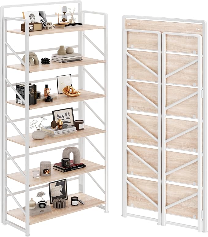JSB No Assembly Folding Bookshelf, 6 Tier Industrial Metal Book Shelf by HomeFurniture
