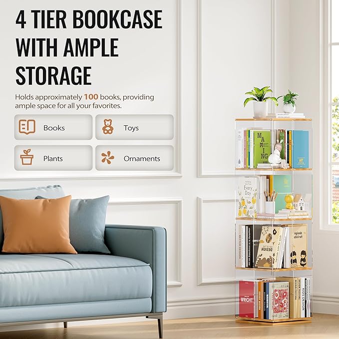 TAKEKIT Rotating Bookshelf, 360 Degree Revolving Bookcase, 4-Tier Spinning - Image 5