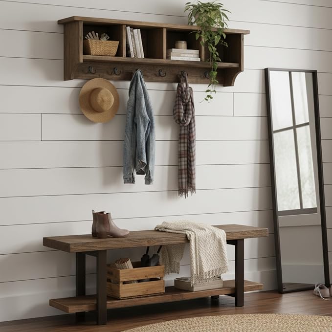 Pomona Solid Wood Entryway Bench and Coat Rack Set, Rustic Brown, 48 Inch | by AlaterreFurniture
