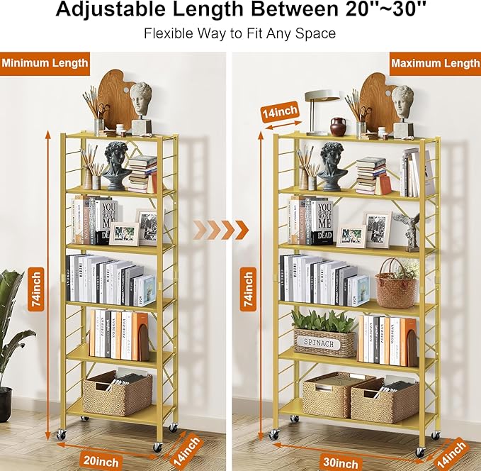 Himix 6 Tier Foldable Storage Shelves, Expandable Folding Bookshelf - Image 2
