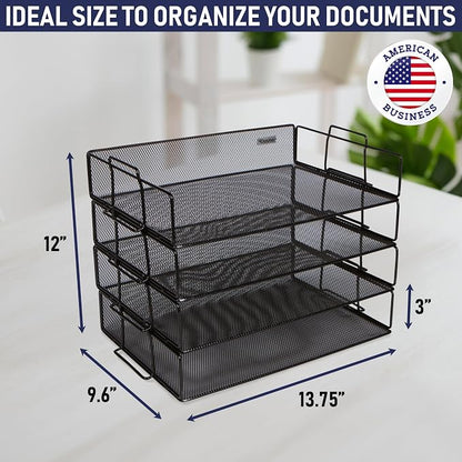 Stackable Paper Tray Desk Organizer, 4-Tier Metal Mesh Letter Organizers - Image 3