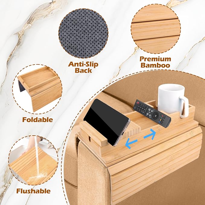 13.4" x 4.6" Couch Armrest Table, Foldable Bamboo Tray - Image 3