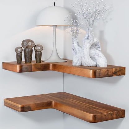 BATODA Acacia Wood Corner Floating Shelves 17" x 12"– Corner Shelf Wall Mounted by BATODA