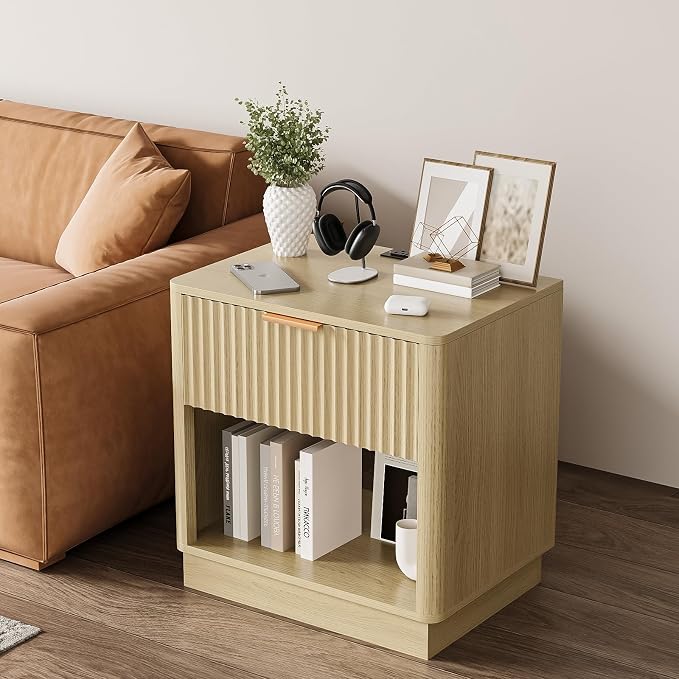 Fluted Nightstand with Charging Station Modern Bedside Table with Drawer and - Image 3