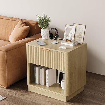 Fluted Nightstand with Charging Station Modern Bedside Table with Drawer and - Image 3