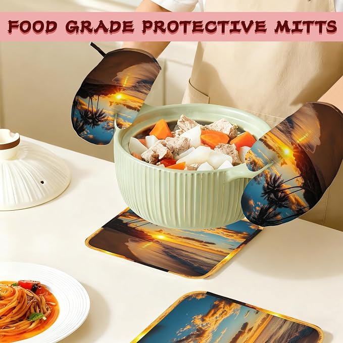 Tropical Palm Oven Mitts and Pot Holders, Sunset Trees Sea Beach Heat Resistant - Image 7