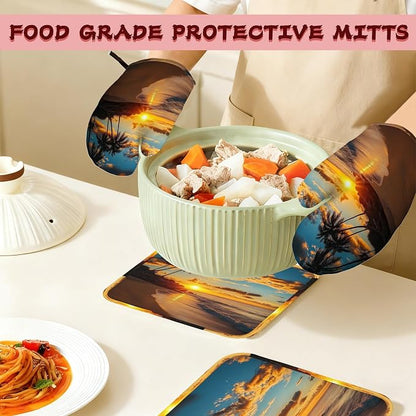 Tropical Palm Oven Mitts and Pot Holders, Sunset Trees Sea Beach Heat Resistant - Image 7