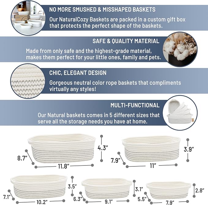 NaturalCozy 5-Piece Rectangle Storage Basket Set- Natural Cotton Rope Woven - Image 2