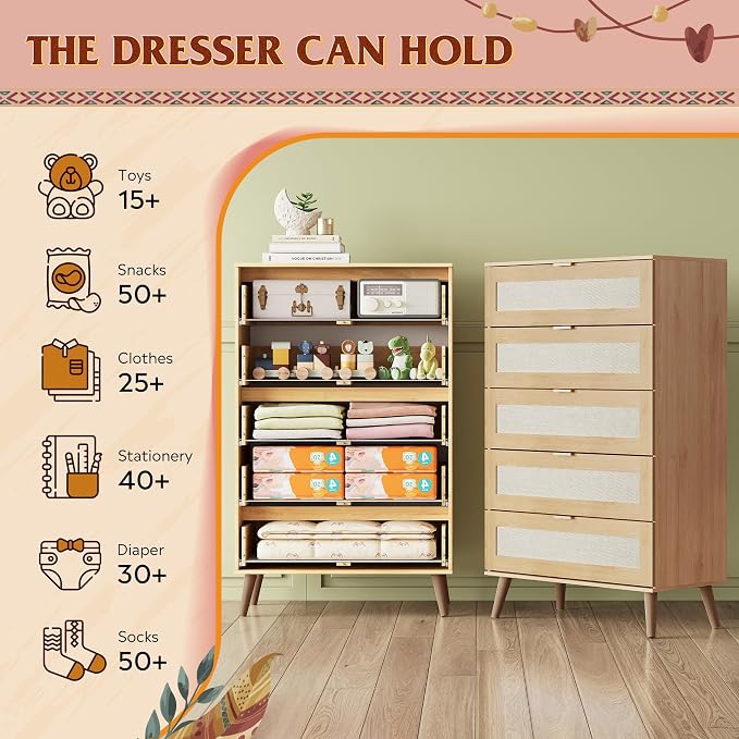 WLIVE Rattan Dresser for Bedroom, Boho Dresser Closet Storage Organizer for - Image 4