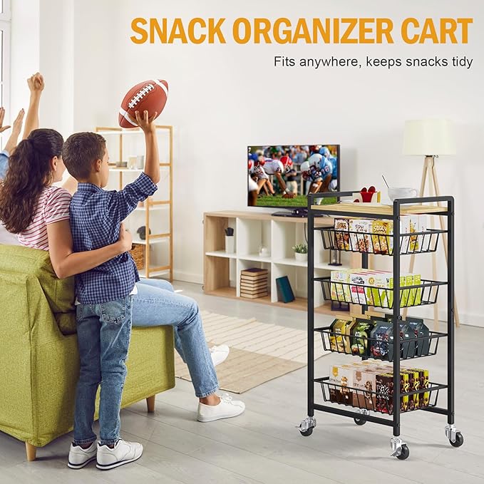 TOOLF 5 Tier Kitchen Storage Cart, Metal Utility Rolling Snack Cart | Wooden - Image 3