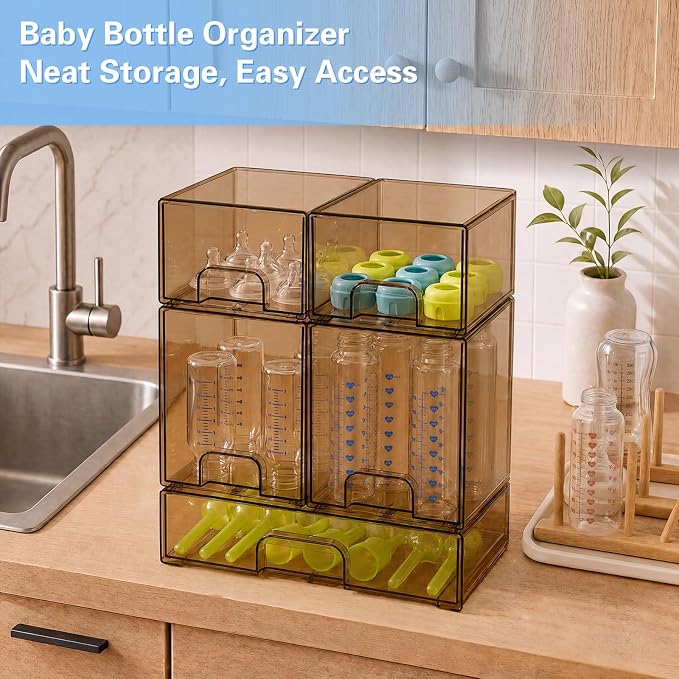 Baby Bottle Organizer, 5 Pack Tea Brown Acrylic Stackable Storage Drawers - Image 3