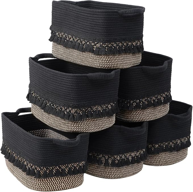 6 Pack Storage Basket for Shelves, Boho Cotton Rope Storage Bins by Degeyoyo
