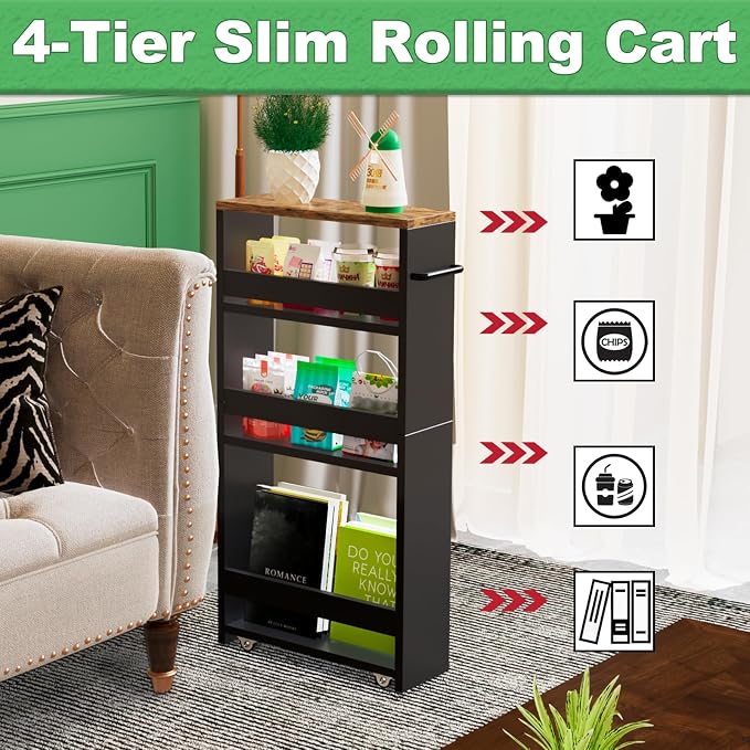 MARTY Rolling Storage Cart 4-Tier Black Kitchen Cart - Image 6