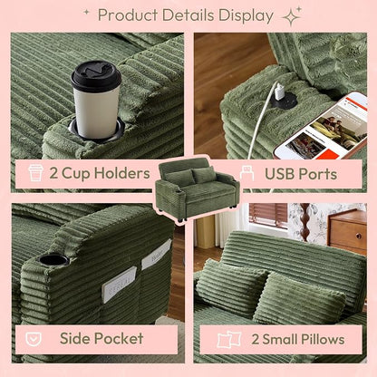 VINGLI Green Futon Sofa Bed Convertible Loveseat Sleeper Sofa Couch, Corduroy - Image 7
