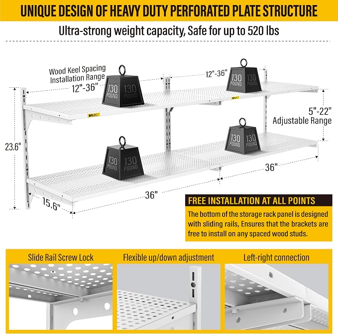 2-Pack 2 Tier 1.3x3ft Garage Shelving Wall Mounted, 15.6x36inch per Shelf - Image 3