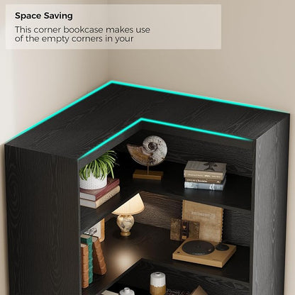 IRONCK Corner Bookshelf with Doors, 6 Tier Bookcase with Storage, Corner Shelf - Image 4