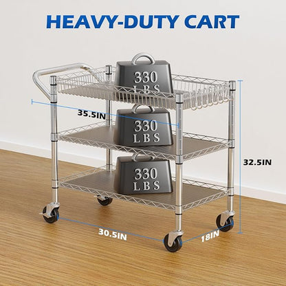 NTE Utility Cart with Wheels, 990lbs Capacity Metal 3 Tier Rolling Carts - Image 4