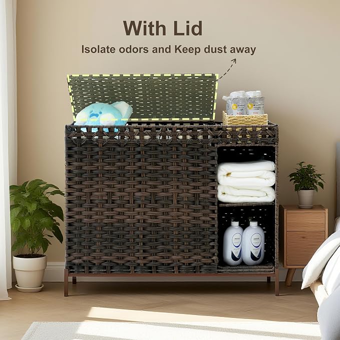 Laundry Hamper with Lid, 130L Rattan Laundry Hamper 3 Section with 50L Storage - Image 7