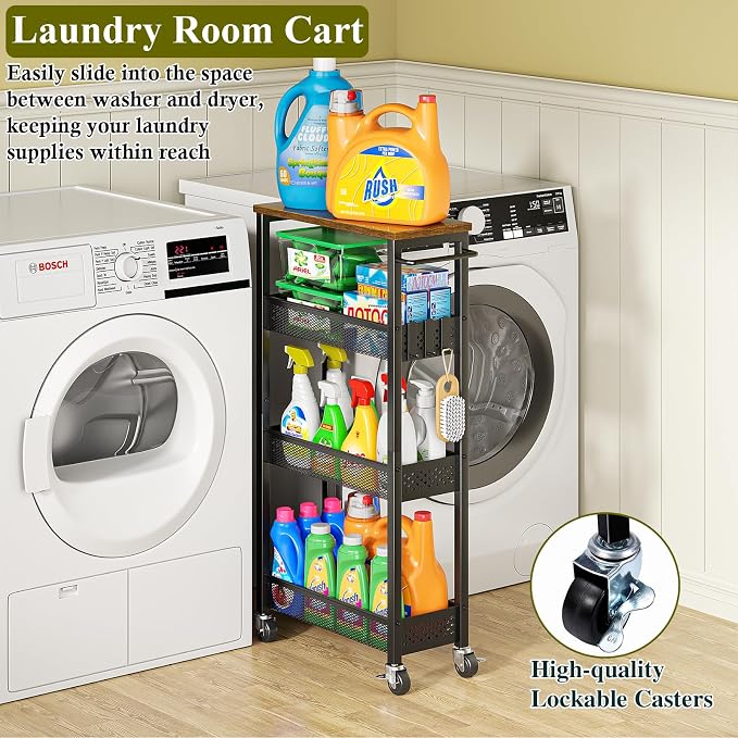 Utility Slim Storage Cart, 4 Tier Small Rolling Kitchen Laundry Room Cart - Image 4