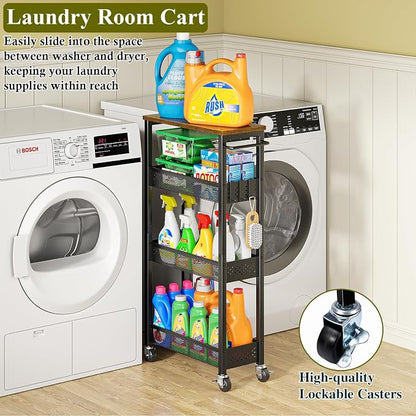 Utility Slim Storage Cart, 4 Tier Small Rolling Kitchen Laundry Room Cart - Image 4