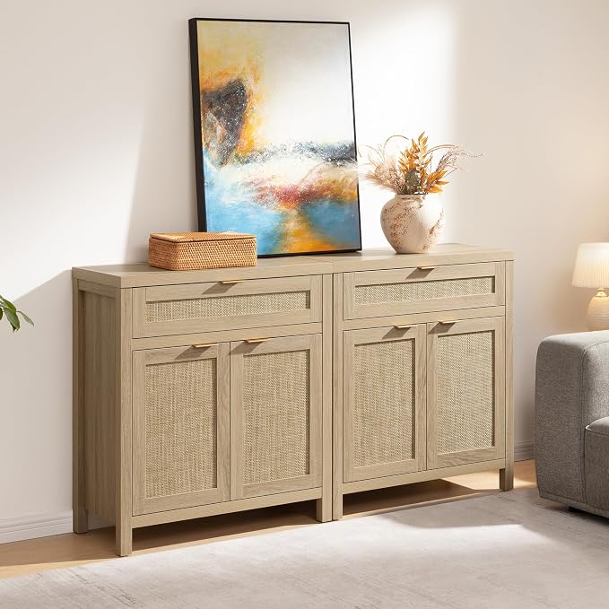 SICOTAS Sideboard Buffet Storage Cabinet Set of 2, Rattan Credenza Buffet Table - Image 8